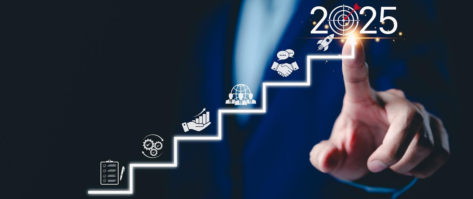 2025 New Year Business Goals Concept. Businessmen point to "2025" on a staircase, steps toward achieving business goals, growth, and success in the new year. Planning and challenge, investors target,