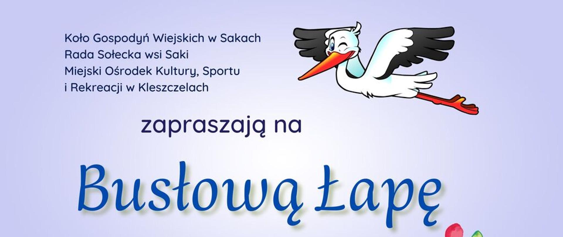 Na niebieskim tle grafika bociana oraz informacje organizacyjne