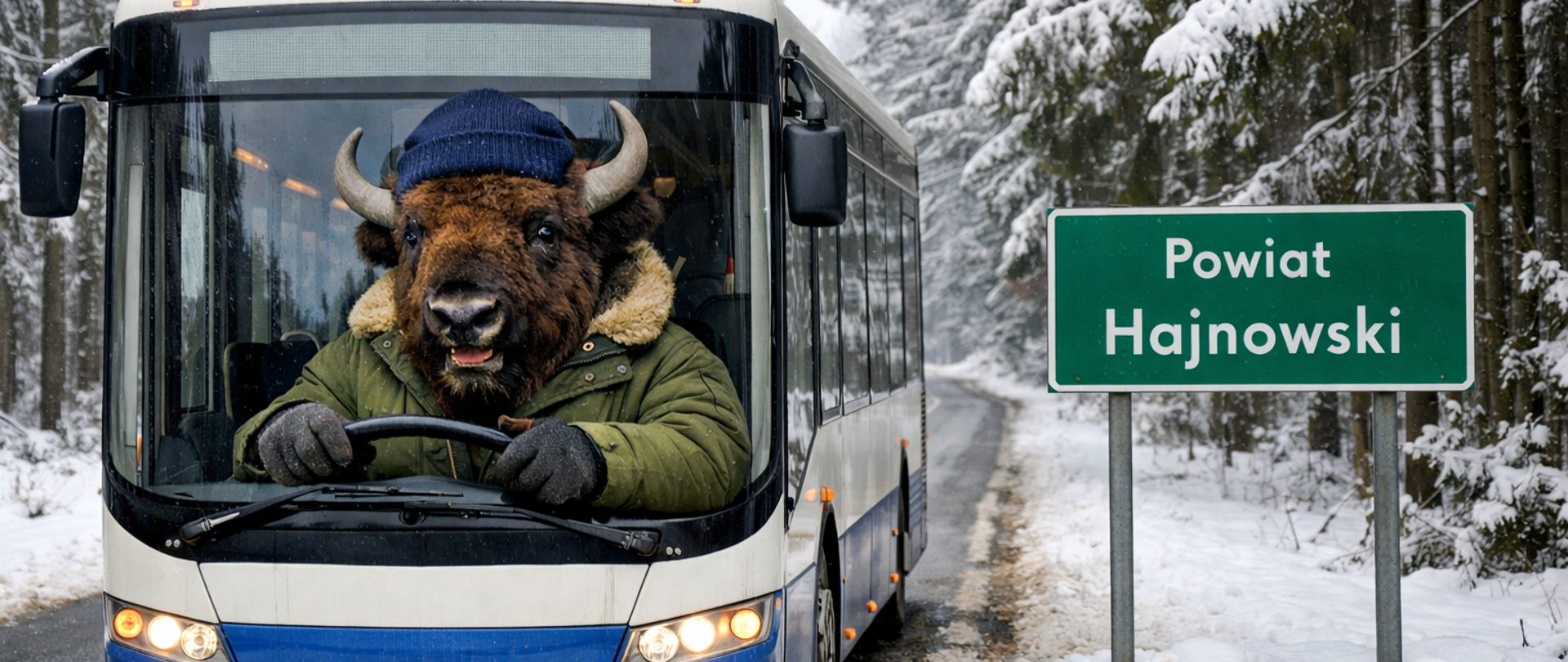 Przez zimową Puszczę Białowieską jedzie autobus, którym kieruje żubr. Obok drogowskaz "Powiat Hajnowski"