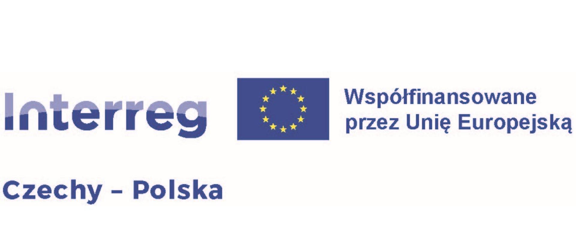Logo Interreg Czechy – Polska. Flaga Unii Europejskiej. Napis w kolorze niebieskim: Współfinansowane przez Unię Europejską
