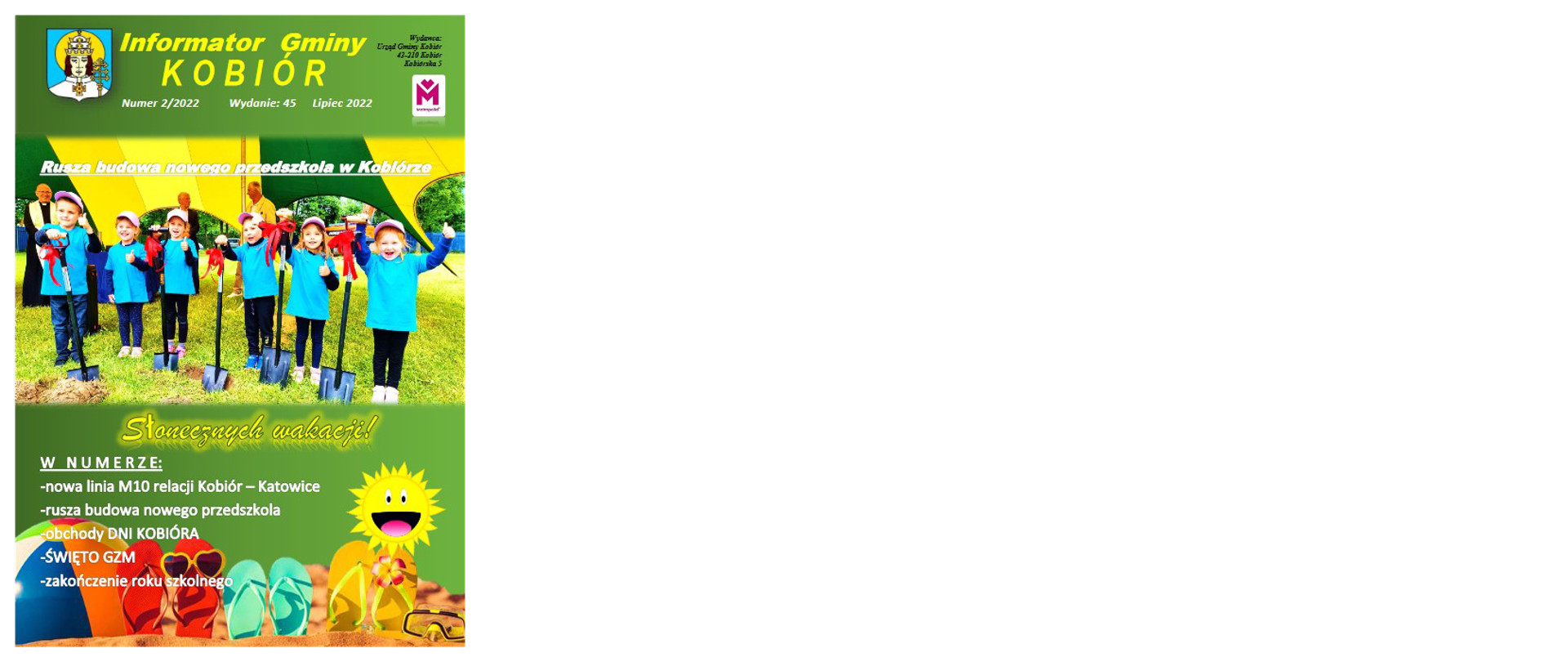 Zdjęcie przedstawia okładkę informatora Gminy Kobiór z kwietnia 2022 roku na której widać gminny namiot i przedszkolaków gminnego przedszkola w Kobiórze