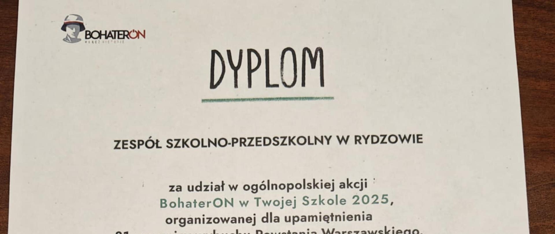 Dyplom za udział w ogólnopolskiej akcji „BohaterON w Twojej Szkole 2025”