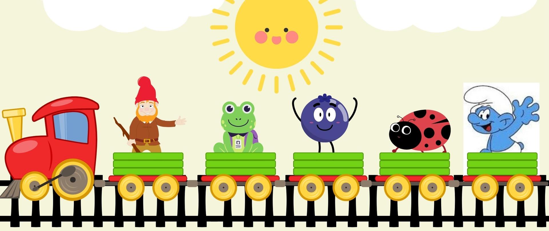 Grafika przedstawia kolorowy pociąg z postaciami z bajki. W tle znajduje się słońce z chmurami oraz kwiaty. 