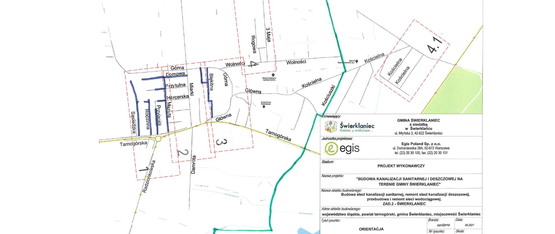 Mapa wykonanych odcinków kanalizacji sanitarnej w Świerklańcu