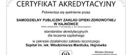 Certyfikat akredytacyjny przyznany szpitalowi