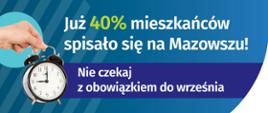 Na grafice jest napis: Już 40% mieszkańców spisało się na Mazowszu! Po lewej stronie jest zdjęcie dłoni na tle okręgu trzymającej budzik. Na wysokości budzika jest napis: Nie czekaj z obowiązkiem do września. 