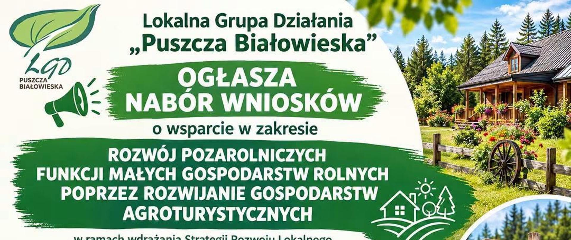 Plakat informujący o naborze - obok grafik przedstawiających krajobraz wsi, umieszczono informacje o wydarzeniu