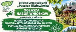 Plakat informujący o naborze - obok grafik przedstawiających krajobraz wsi, umieszczono informacje o wydarzeniu