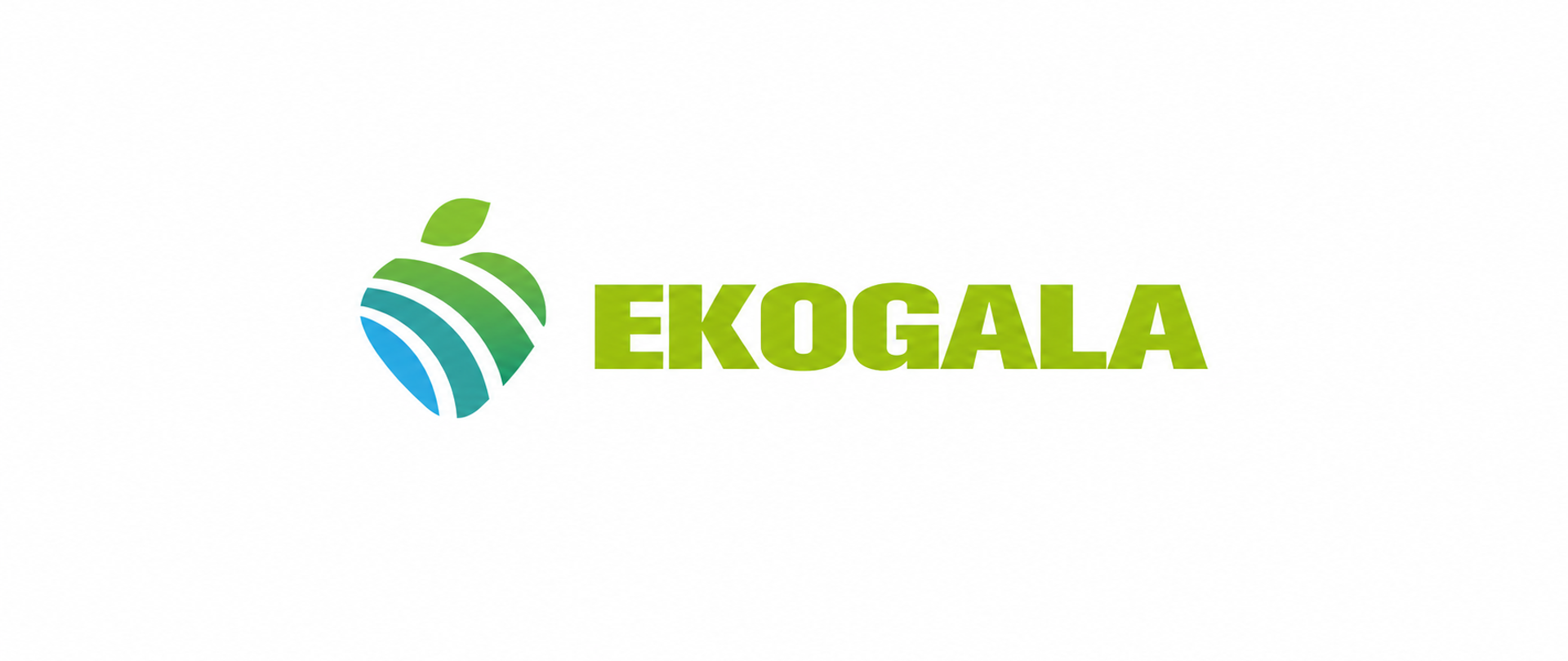 Panoramiczna grafika z logo EKOGALA na czystym białym tle. Po lewej znajduje się zielono-niebieski symbol inspirowany liściem i kulistym kształtem, a po prawej napis ‘EKOGALA’ dużymi, zielonymi literami.