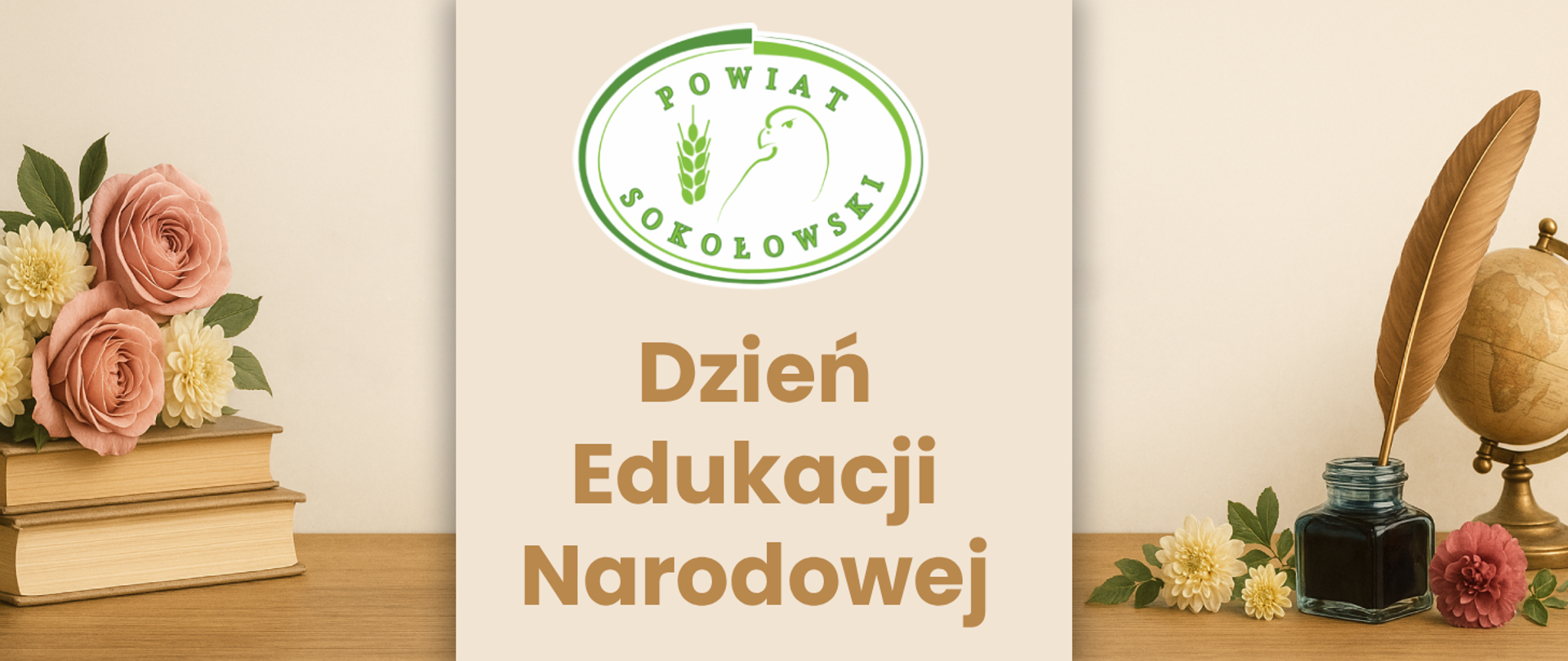 Baner z książkami, globusem i kwiatami