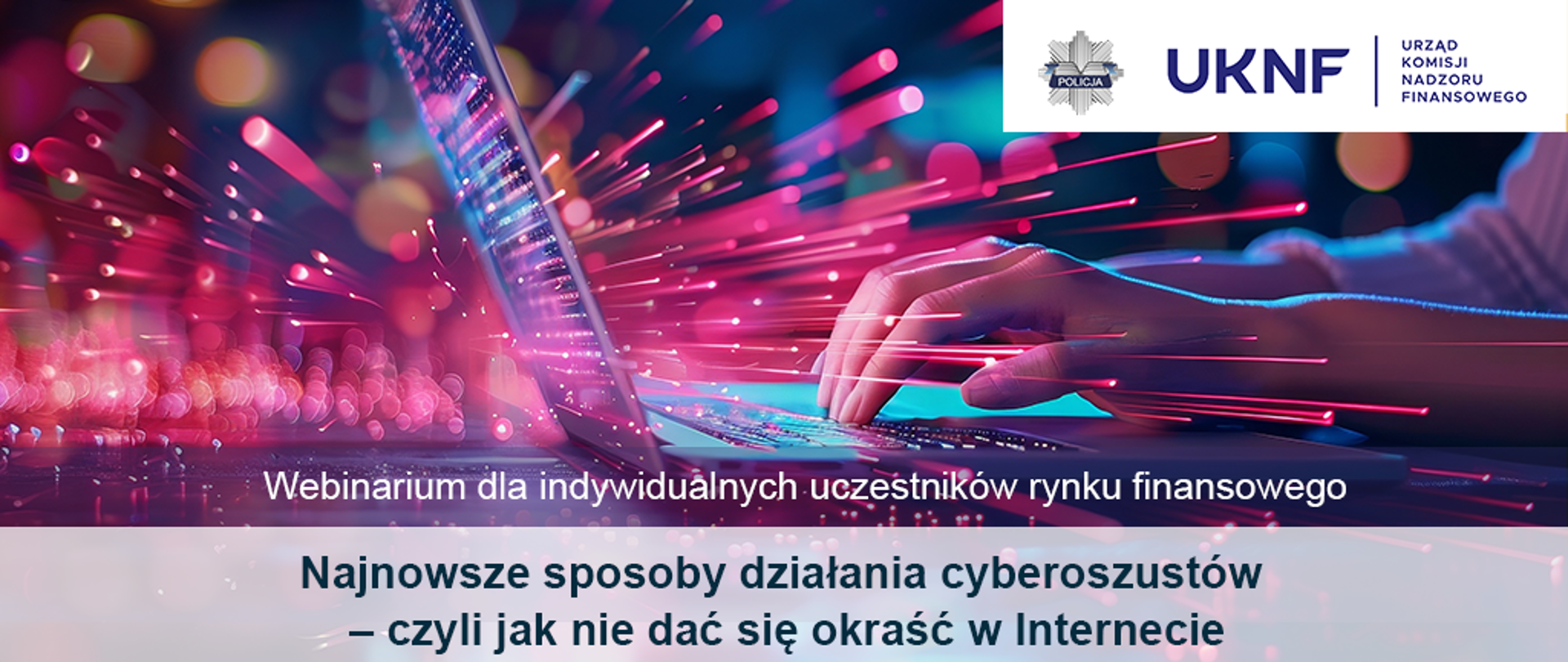 Na tle grafiki przestawiającej osobę siedzącą przy laptopie, umieszczono informacje o wydarzeniu, zawarte w artykule.