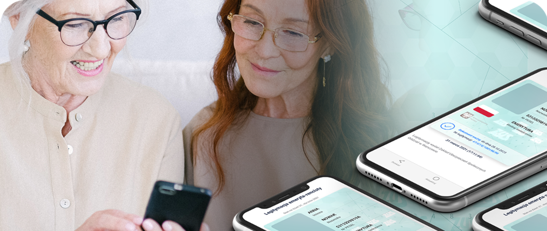 Dwie kobiety w wieku emerytalnym oglądają ekran smartfona (w domyśle na ekranie wyświetlona jest Legitymacja emeryta-rencisty). Na obraz nałożona jest wizualizacja dokumentu
