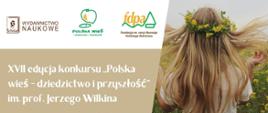 beżowe tło białe napisy z prawej strony zdjęcie kobiety w rozpuszczonych włosach i wianku na głowie stojącej tyłem do obiektywu aparatu