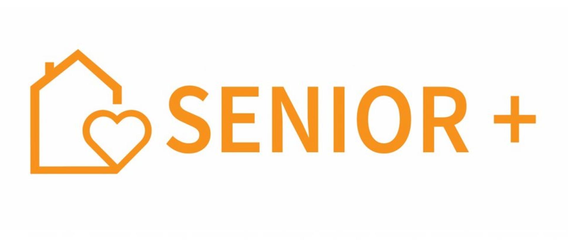 logo programu senior +, pomarańczowy napis na białym tle, obok szkic domu z sercem
