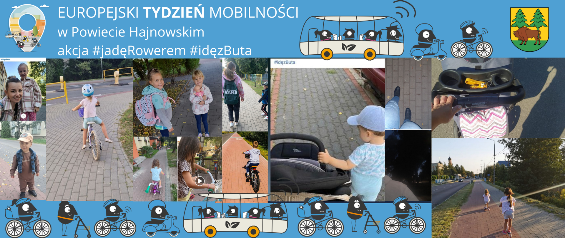 Kolaż zdjęć uczestników konkursu, przedstawiający osoby idące lub jadące rowerem