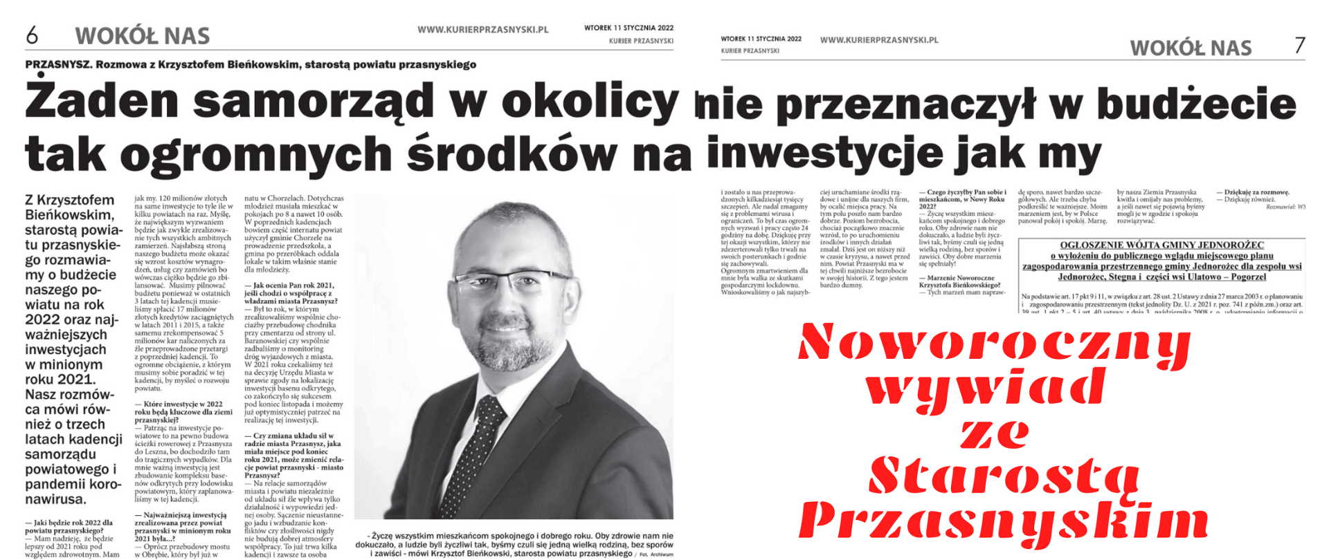 Grafika promująca artykuł zawierający wywiad noworoczny 2022 ze Starostą Przasnyskim Krzysztofem Bieńkowskim.