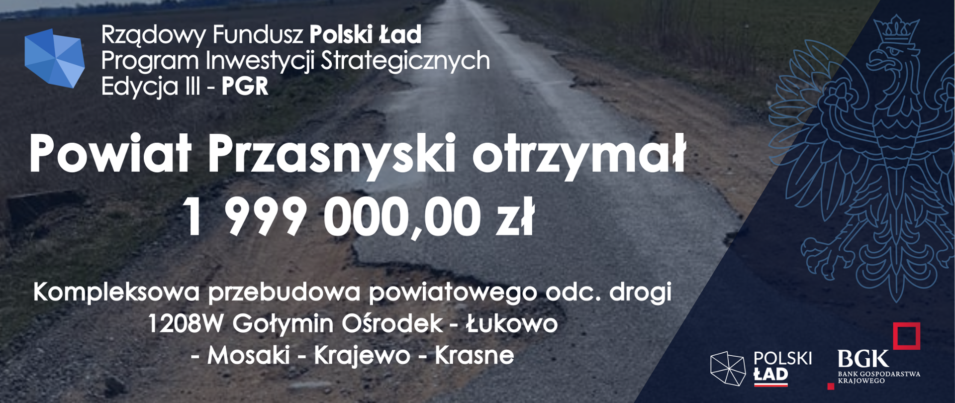 Grafika promująca informację o pozyskaniu przez Powiat Przasnyski prawie 2 milionów złotych z Rządowego Funduszu Polski Ład na przebudowę dróg powiatowych na terenach popegieerowskich.