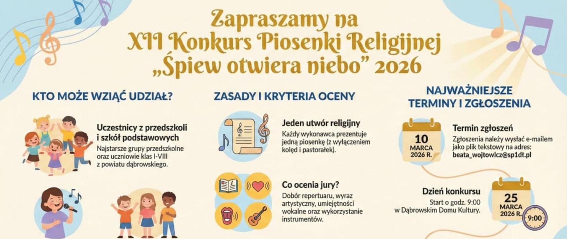 Grafika informująca o 12 Konkursie Piosenki Religijnej "Śpiew Otwiera Niebo" 2026