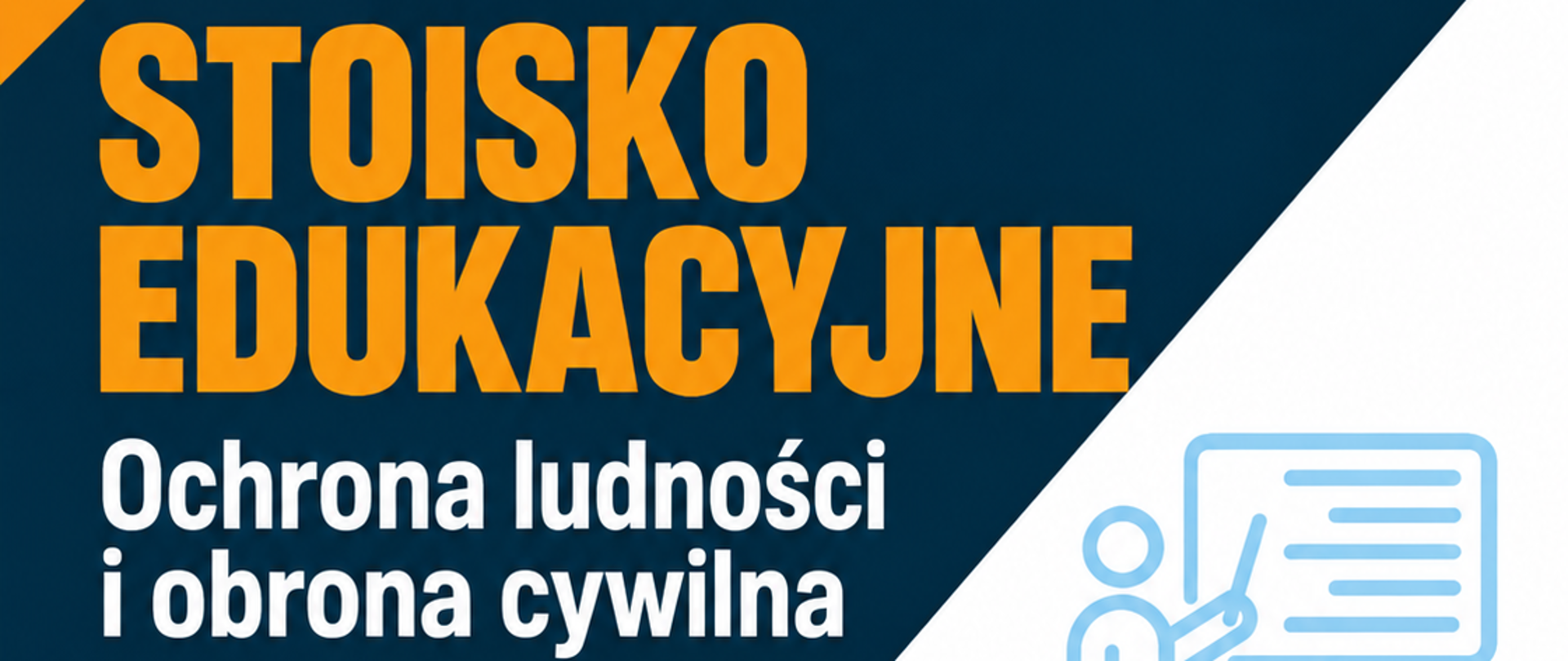 Grafika informująca o stoisku edukacyjnym poświęconym ochronie ludności i obronie cywilnej. Wydarzenie odbędzie się w sobotę, 17 października 2026 roku, w godzinach 10:00–12:00, przed Szkołą Podstawową nr 5 przy ul. Sadowej 5/7 w Konstantynowie Łódzkim. Grafika utrzymana jest w kolorach granatowym, pomarańczowym i białym. Zawiera symbole domów oraz osoby prowadzącej szkolenie. Na dole umieszczono logotypy ochrony ludności i obrony cywilnej oraz Konstantynowa Łódzkiego.