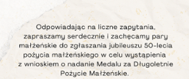 INFORMACJA ws. zgłaszania jubileuszu pożycia małżeńskiego