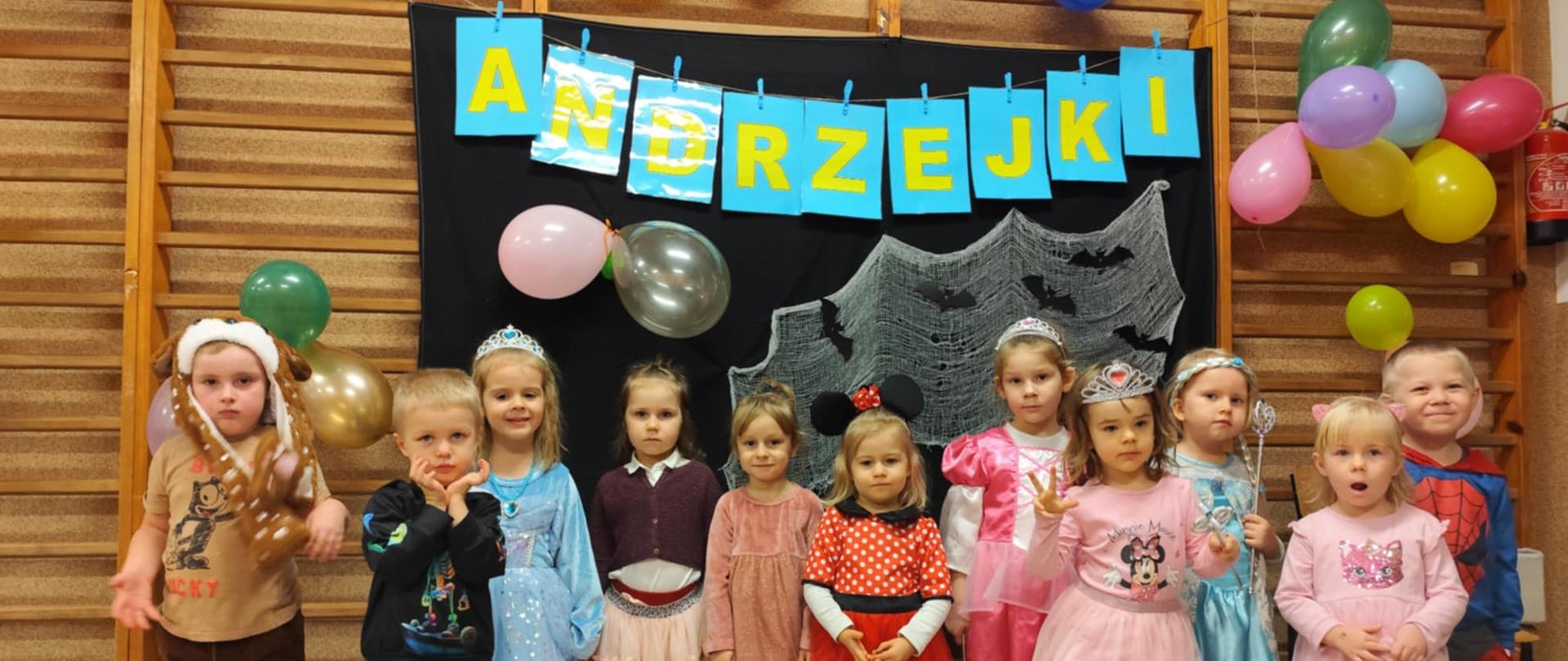Jedenaścioro dzieci z oddziału przedszkolnego B pozuje do wspólnego zdjęcia. Dzieci poprzebierane są w różne bajkowe stroje, m.in. księżniczki, myszkę Minie, Spidermana. Z tytułu, na drabinkach wisi czarny materiał na którym znajduje się napis: ANDRZEJKI oraz balony.