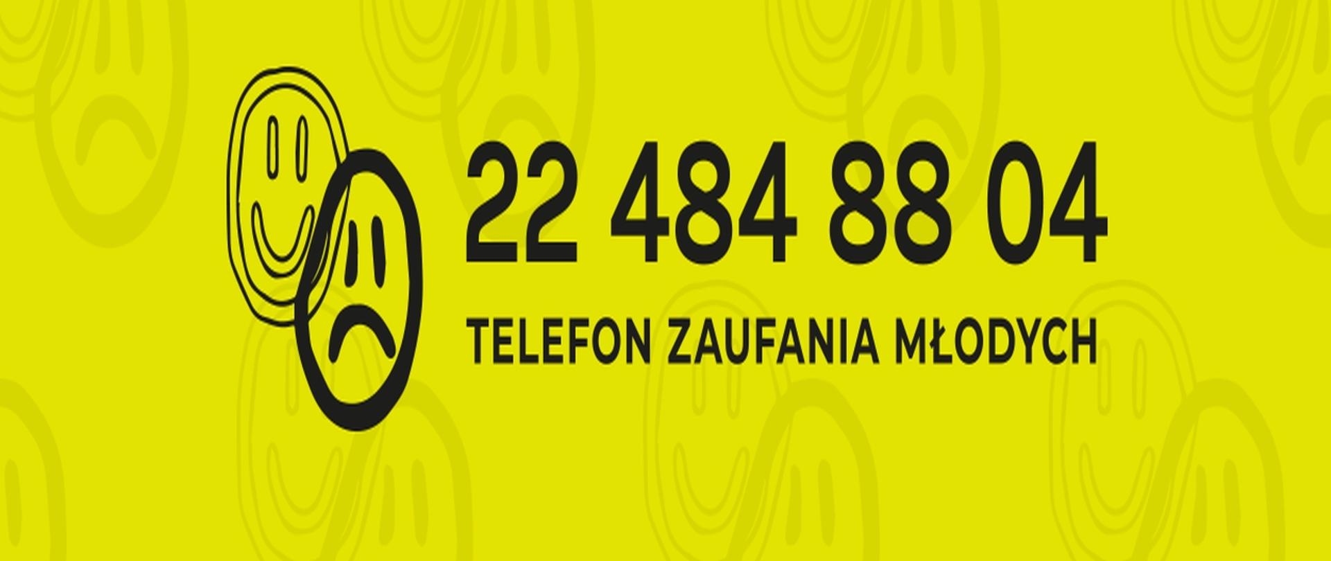 Uśmiechnięta emotikonka i smutna emotikonka nr telefonu 224848804 napis telefon zaufania młodych