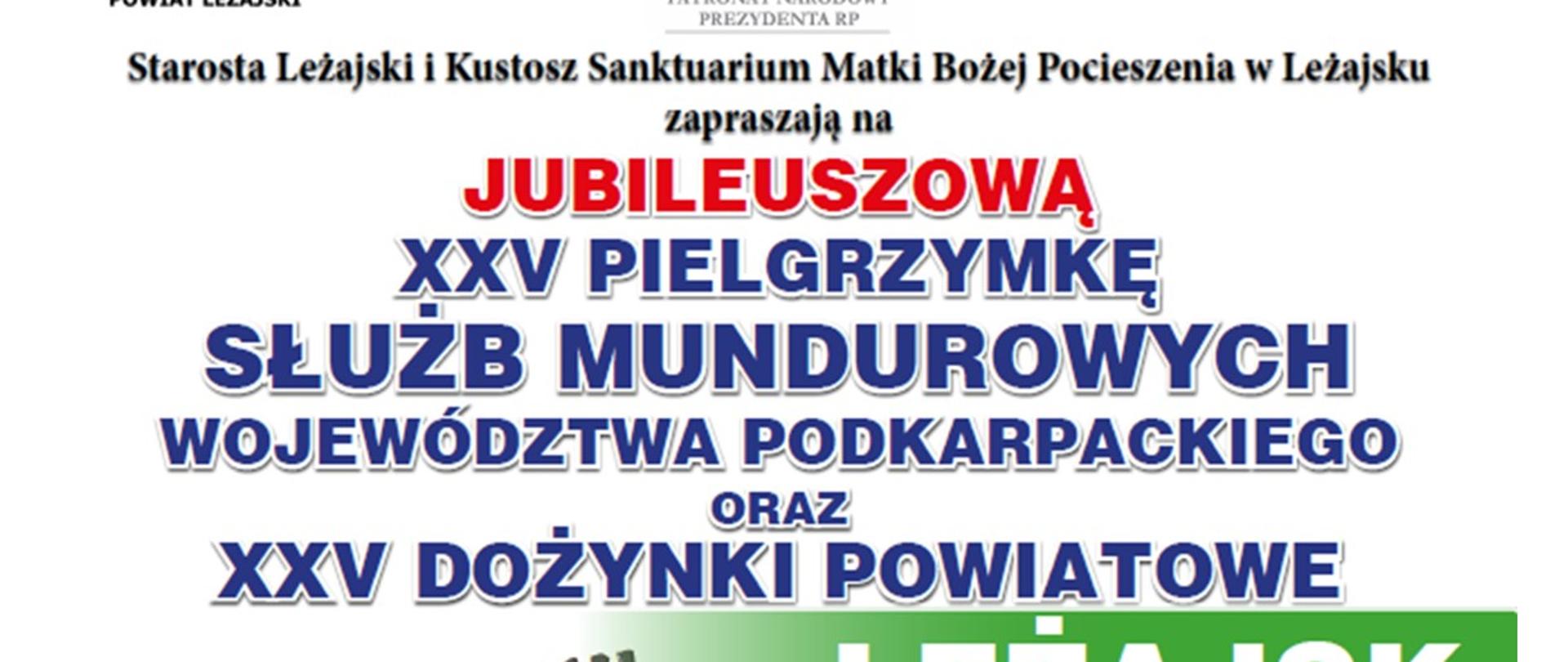 Białe tło, u dołu z lewej strony wieńce dożynkowe, kwiaty i chleb zaproszenie na dożynki powiatowe kolorowe litery 