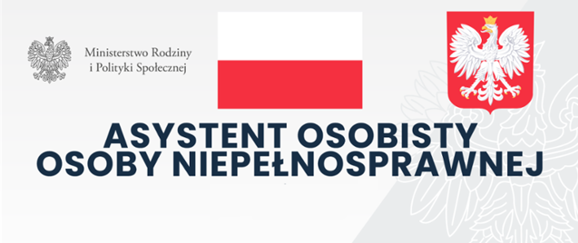 Granatowy napis w środkowej części obrazu w prawym górnym rogu logo Ministerstwa Rodziny i Polityki Społecznej, w centralnym punkcie flaga biało- czerwona, w lewym górnym rogu godło Polski biały orzeł w koronie na czerwonym tle.