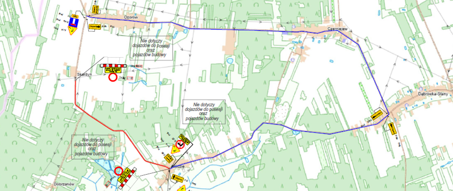 Grafika przedstawia: mapę zamkniętego odcinka drogi powiatowej nr 3646W i 3647W z zaznaczonym objazdem przez wsie Skarżyn. Ozorów, Czerniejew, Dąbrówka-Stany i Kłódzie
