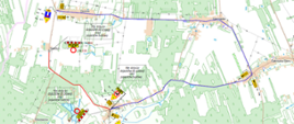 Grafika przedstawia: mapę zamkniętego odcinka drogi powiatowej nr 3646W i 3647W z zaznaczonym objazdem przez wsie Skarżyn. Ozorów, Czerniejew, Dąbrówka-Stany i Kłódzie
