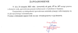 Zawiadomienie dotyczące przerwy w dostawie wody
