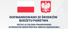 Grafika informująca o dofinansowaniu strzelnicy wirtualnej w Zespole Szkół Powiatowych. Treść grafiki: "Dofinansowano ze środków budżetu państwa. Dotacja celowa finansowana ze środków Ministerstwa Obrony Narodowej. Strzelnica wirtualna w Zespole Szkół Powiatowych w Przasnyszu. Dofinansowanie 150000 złotych, całkowita wartość 242288,17 złotych". I góry od lewej flaga i godło Rzeczypospolitej Polskiej.