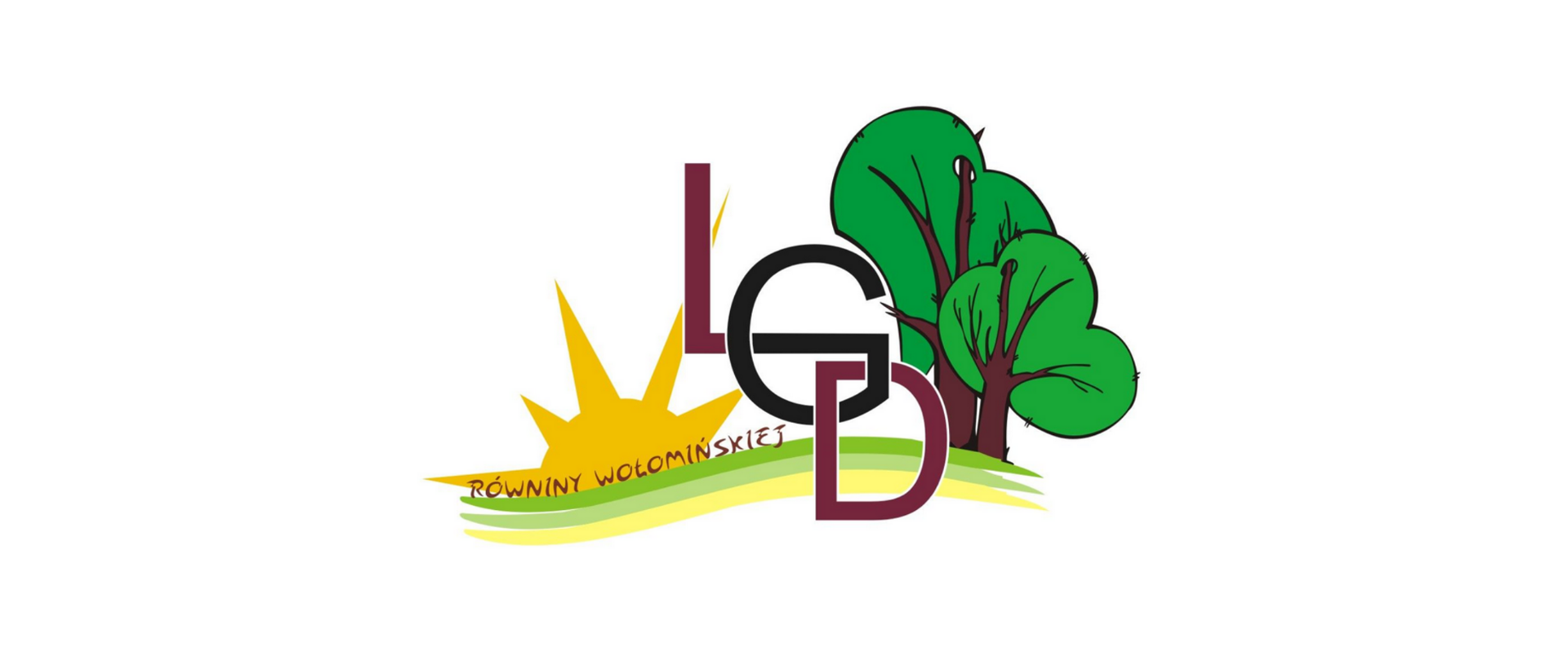 Logo LGD Równiny wołomińskiej składające się z trzech linii symbolizujące niziny zza których wychodzi słońce, Litery LGD oraz dwa drzewa.