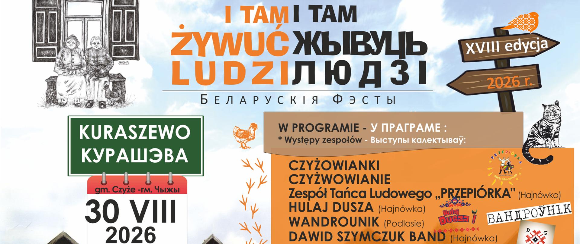 Na tle grafiki przedstawiającej drewniane domy umieszczono informacje o wydarzeniu, zawarte w artykule