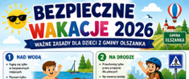 Plakat "Bezpieczne Wakacje 2026" z zasadami bezpieczeństwa dla dzieci: nad wodą, na drodze, w słońcu, w lesie, na farmie, w internecie, podczas burzy i pierwsza pomoc.