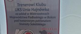 Dyplom z podziękowaniami,który otrzymał trener