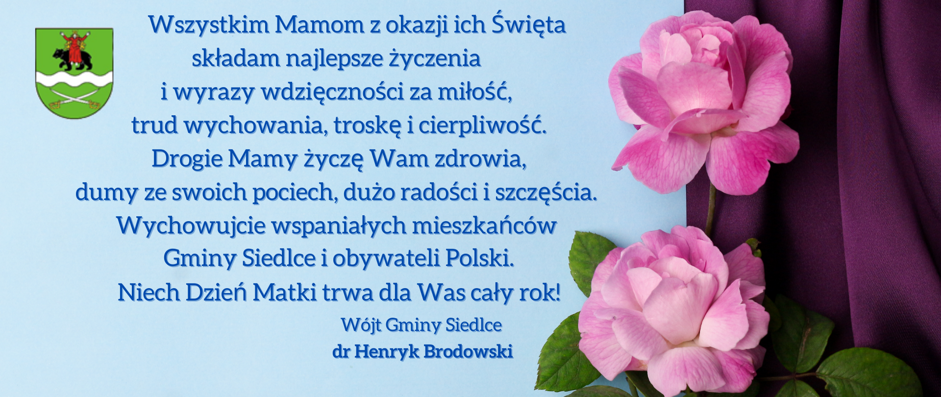Kartka z życzeniami z okazji Dnia Matki, życzenia na niebieskim tle po prawej stronie różowe róże