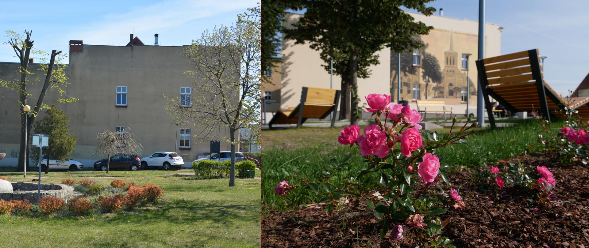 Park przy miejskiej bibliotece przed i po rewitalizacji 