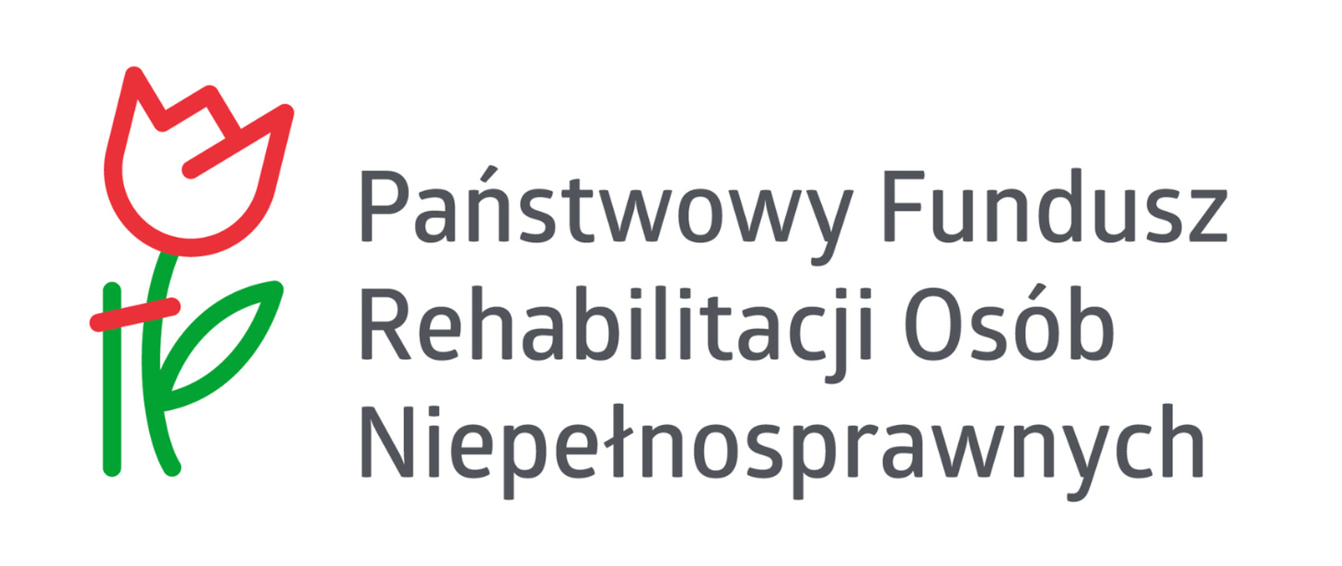 Logo Państwowego Funduszu Rehabilitacji Osób Niepełnosprawnych - tulipan narysowany w kolorze zielonym i czerwony, oraz napis na czarno Państwowy Fundusz Rehabilitacji Osób Niepełnosprawnych