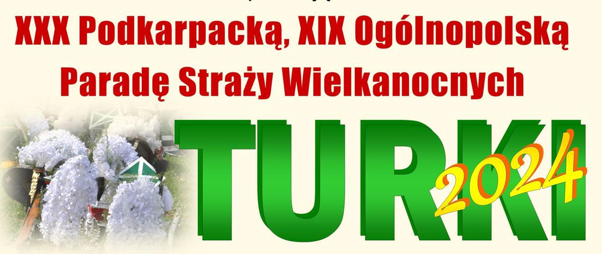 plakat w kolorach beżu i czerwieni, zaproszenie na paradę straży wielkanocnych 
