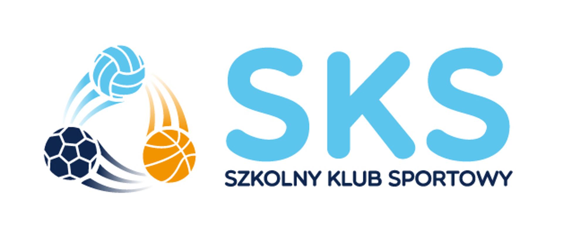 Piłki i napis SKS Szkolny Klub Sportowy na białym tle
