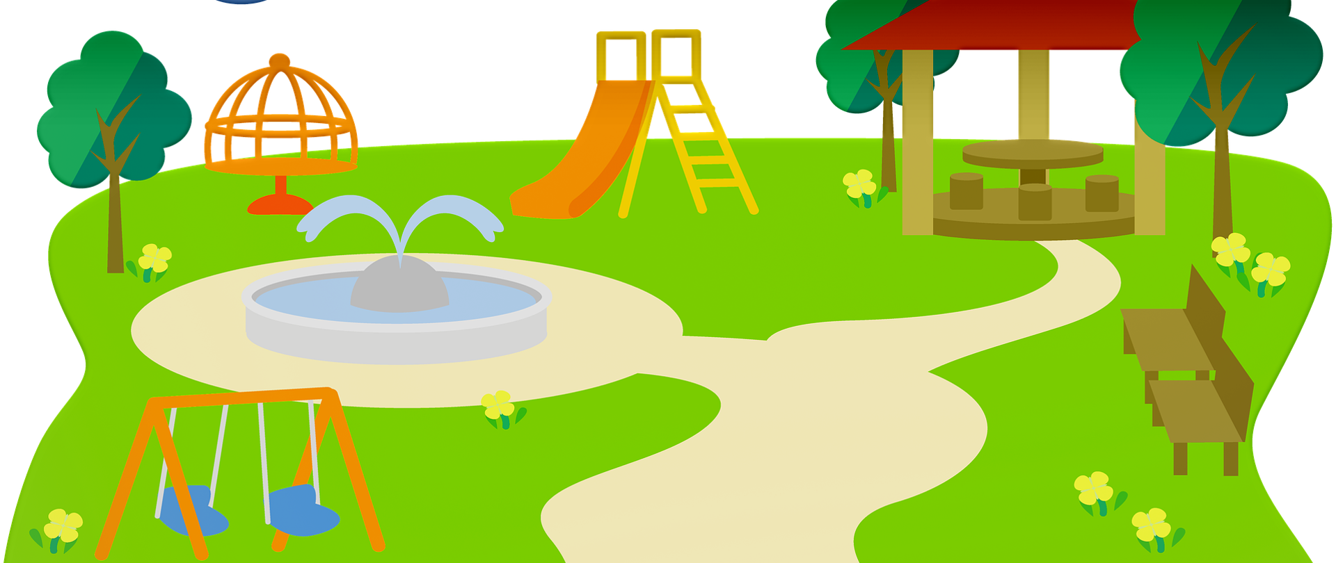 Ilustracja placu zabaw z huśtawkami, karuzelą, zjeżdżalnią, fontanną i ławeczkami
