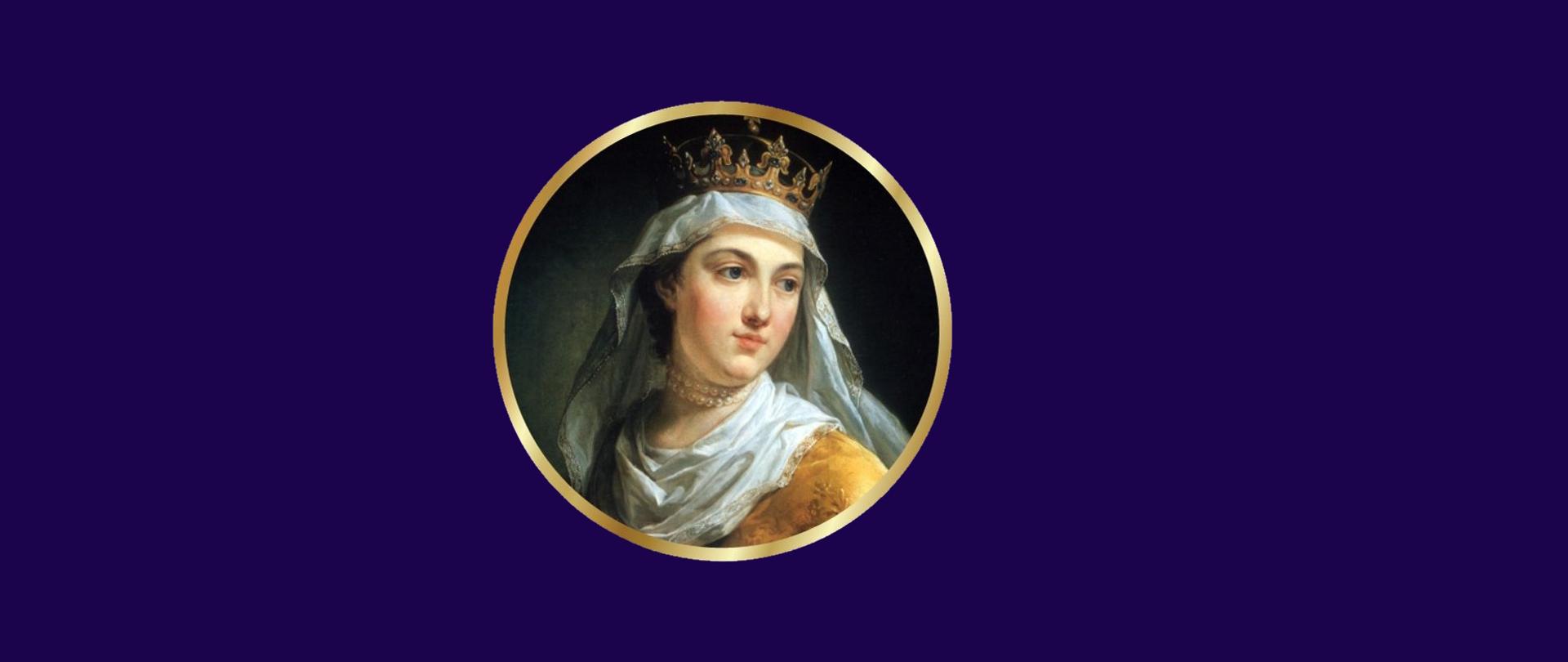 Portret kobiety z chustą i koroną na głowie w złotych szatach