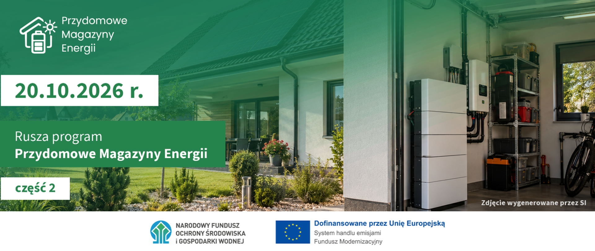 Grafika informująca o uruchomieniu programu „Przydomowe Magazyny Energii”. Na zdjęciu widoczny jest dom jednorodzinny z instalacją fotowoltaiczną oraz magazynem energii zamontowanym w garażu. Na grafice podano datę rozpoczęcia programu: 20 października 2026 r. W dolnej części znajdują się logotypy NFOŚiGW oraz Funduszu Modernizacyjnego.