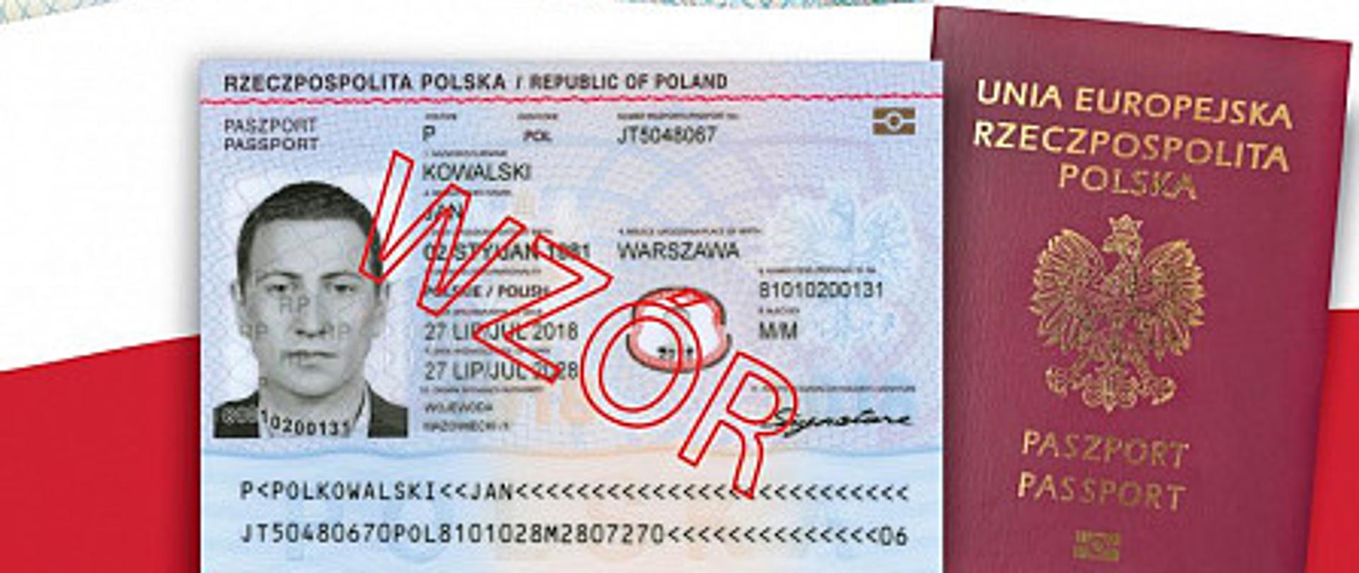 Obok siebie na tle polskiej flagi leży wzór nowego paszportu oraz paszport dotychczas obowiązujący.