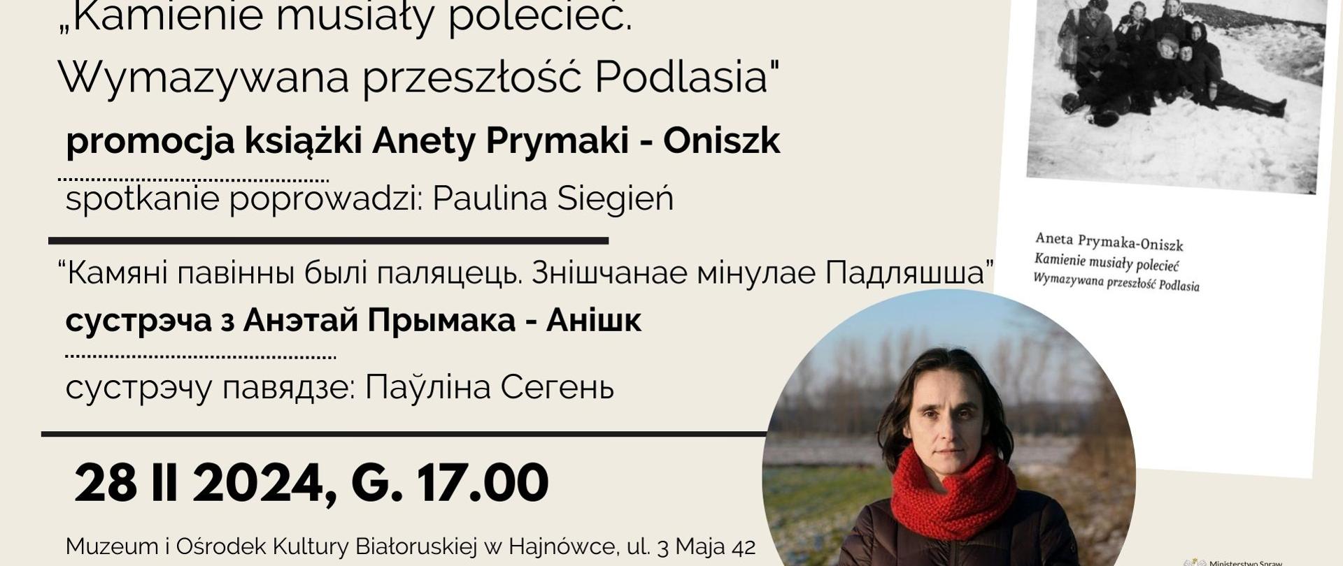 Na szarym tle zdjęcia - autorki i okładki jej książki, obok napisy organizacyjne