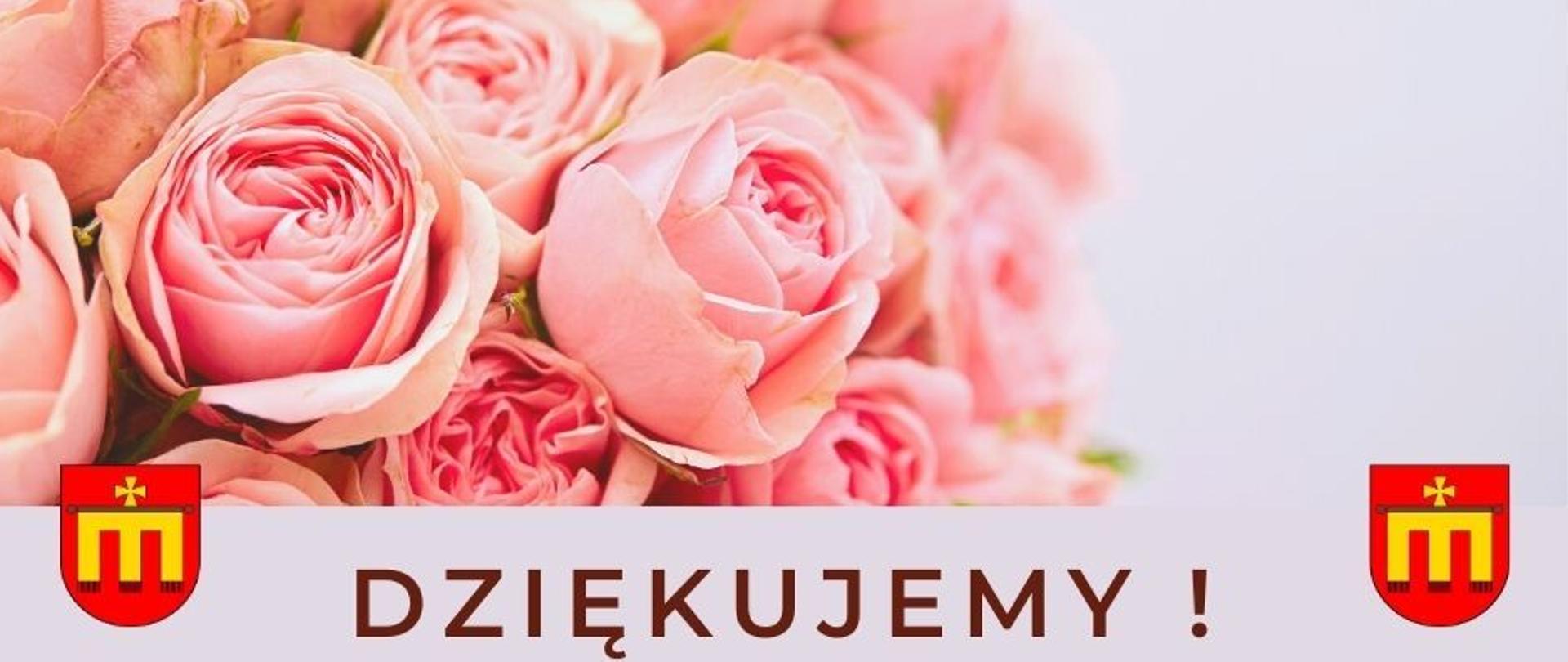 Plansza z testem - Dziękujemy Dzień Edukacji Narodowej w tle bukiet różowych róż
