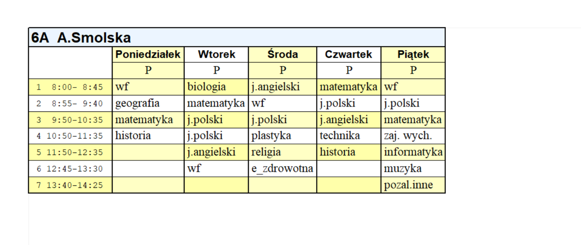 Plan lekcji kl. 6