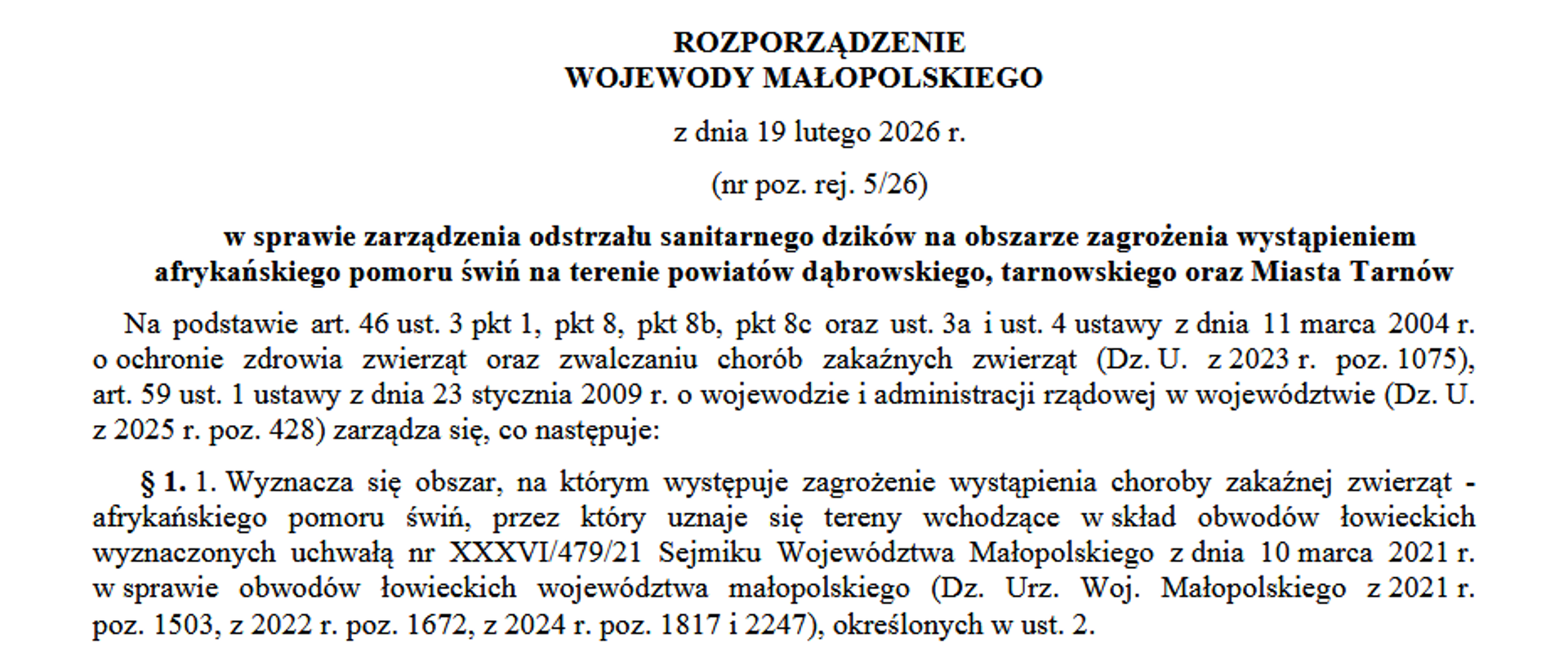 Grafika z treścią Rozporządzenia Wojewody Małopolskiego