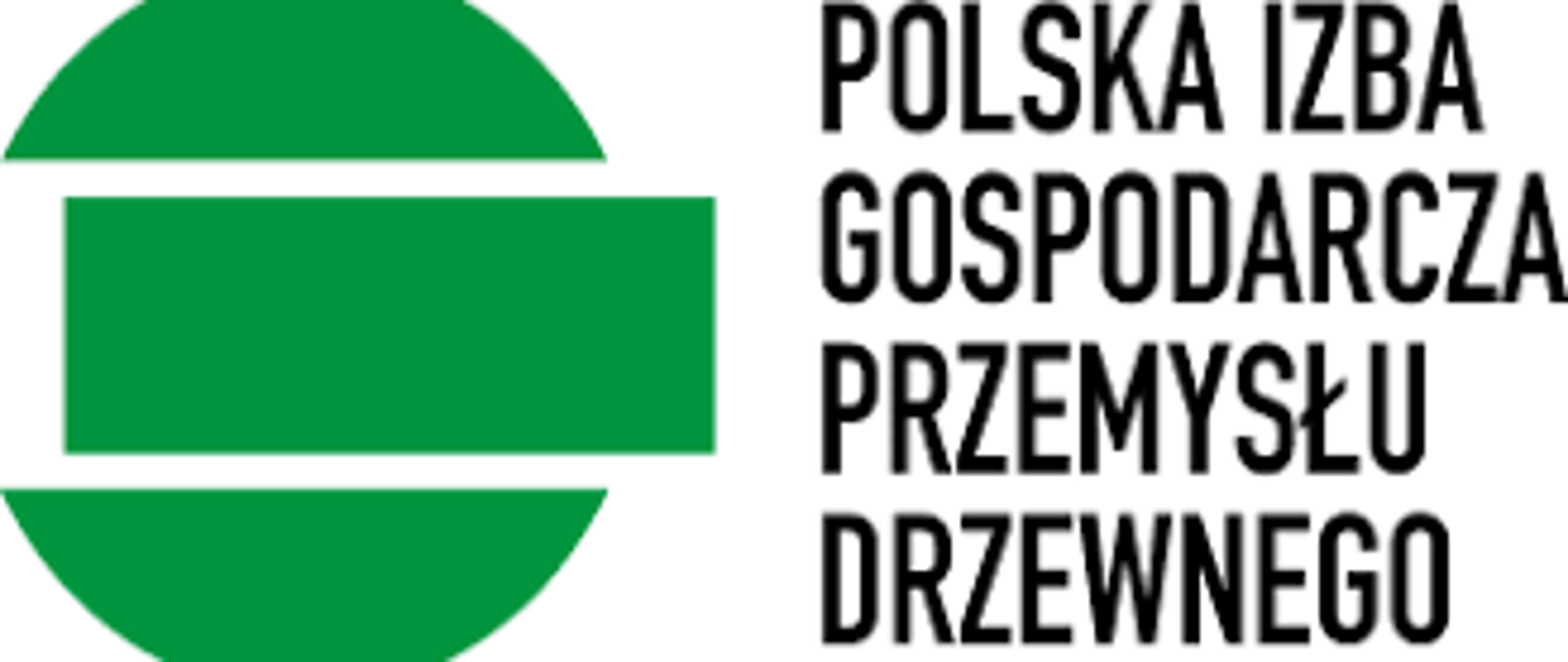 Grafika przedstawia na białym tle z lewej strony zielone koło podzielone na trzy poziome części, środkowa część jest częściowo wysunięta. Obok znajduje się czarny napis: Polska Izba Gospodarcza Przemysłu drzewnego